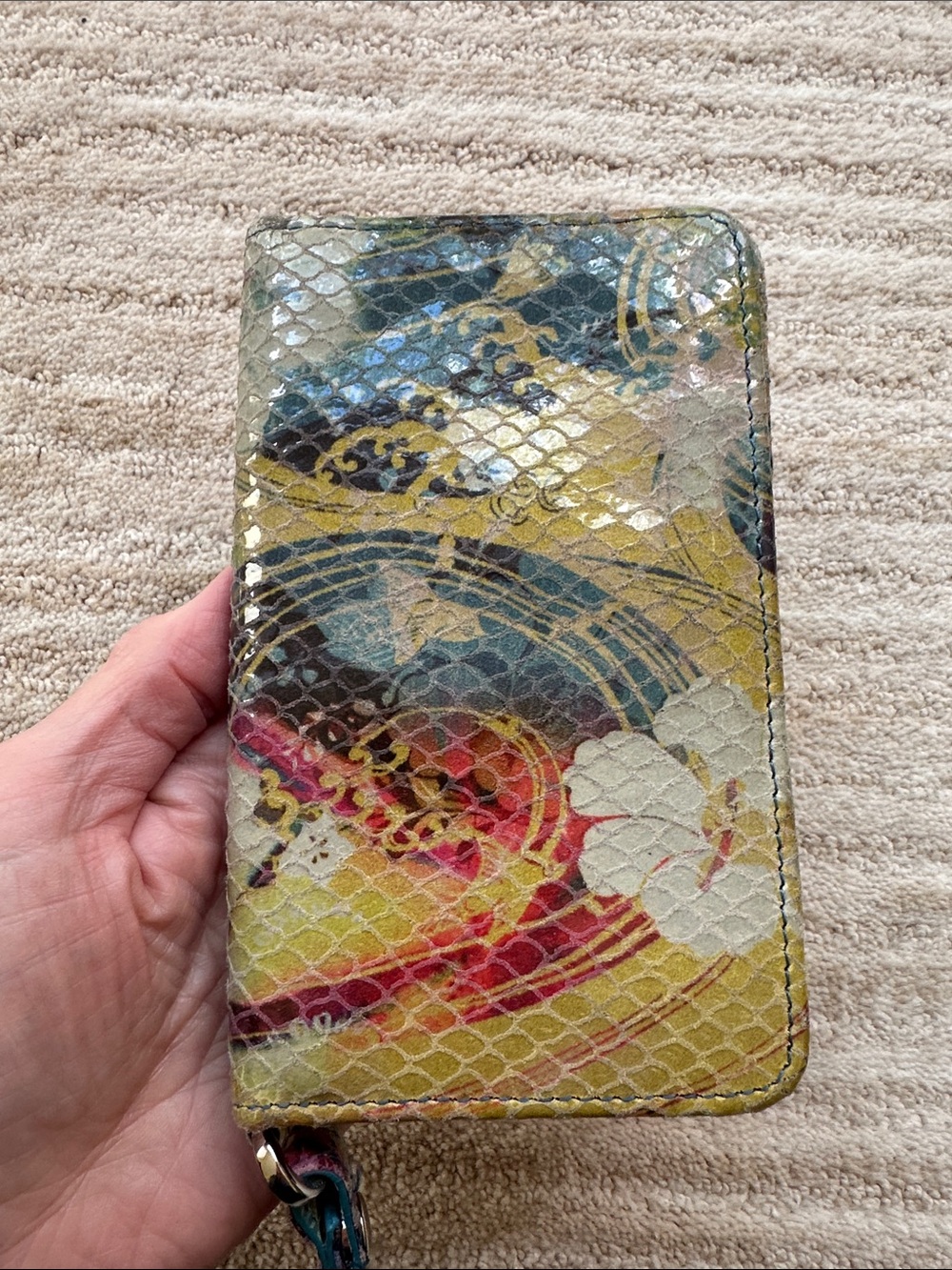 Hobo International Leather Wristlet Wallet Snakeskin Embossed Floral Multicolor